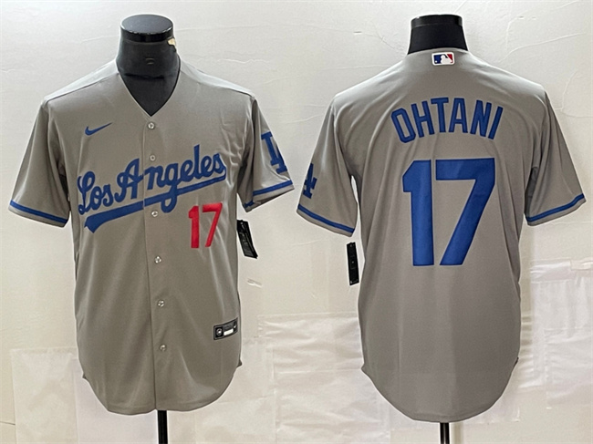 Men's Los Angeles Dodgers #17 Shohei Ohtani Grey Cool Base Stitched Jersey Men's Los Angeles Dodgers #17 Shohei Ohtani Grey Cool Base Stitched Jersey